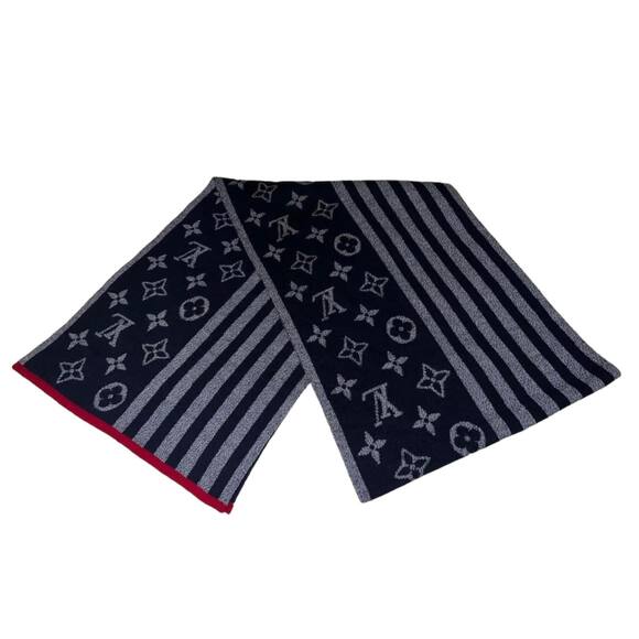 Louis Vuitton Monogram Striped Wool Knit Scarf Wrap Red Navy Grey - Picture 1 of 5